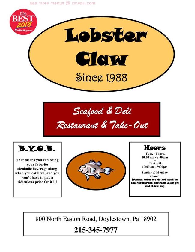 Online Menu of Lobster Claw Restaurant, Doylestown, Pennsylvania, 18902