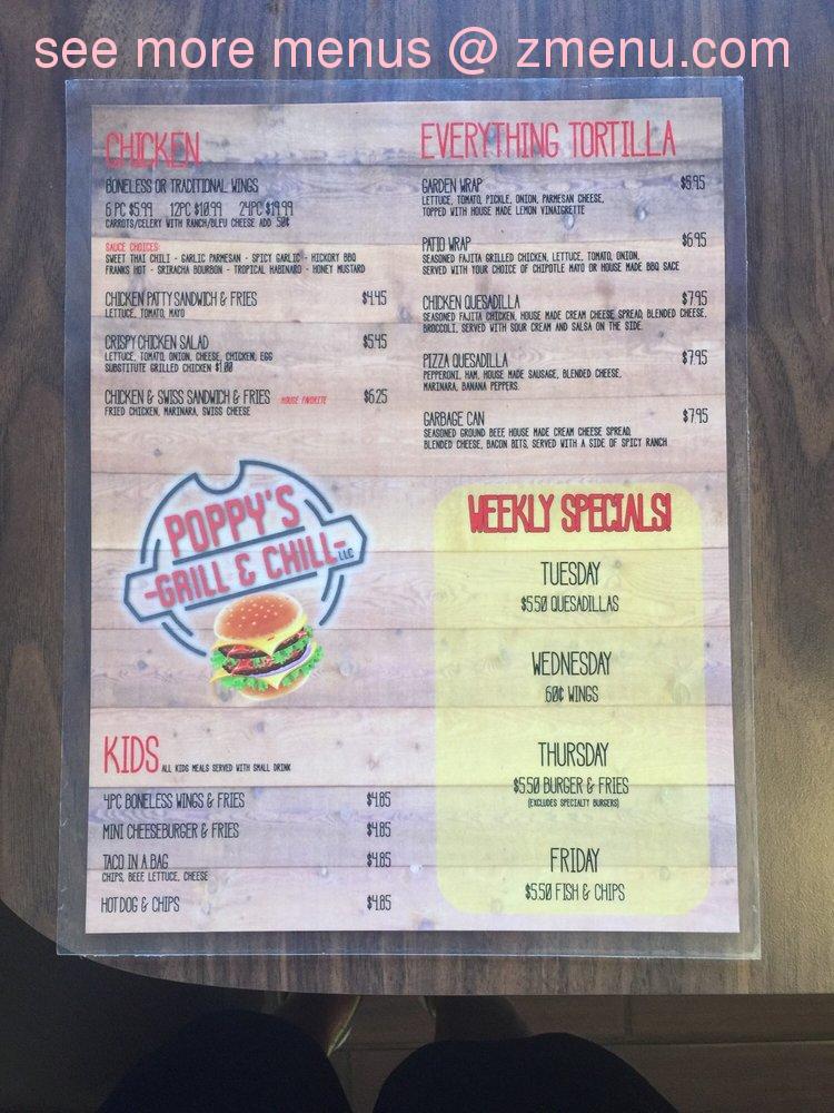 Online Menu Of Poppys Grill & Chill Restaurant, Byesville, Ohio, 43723 - Zmenu