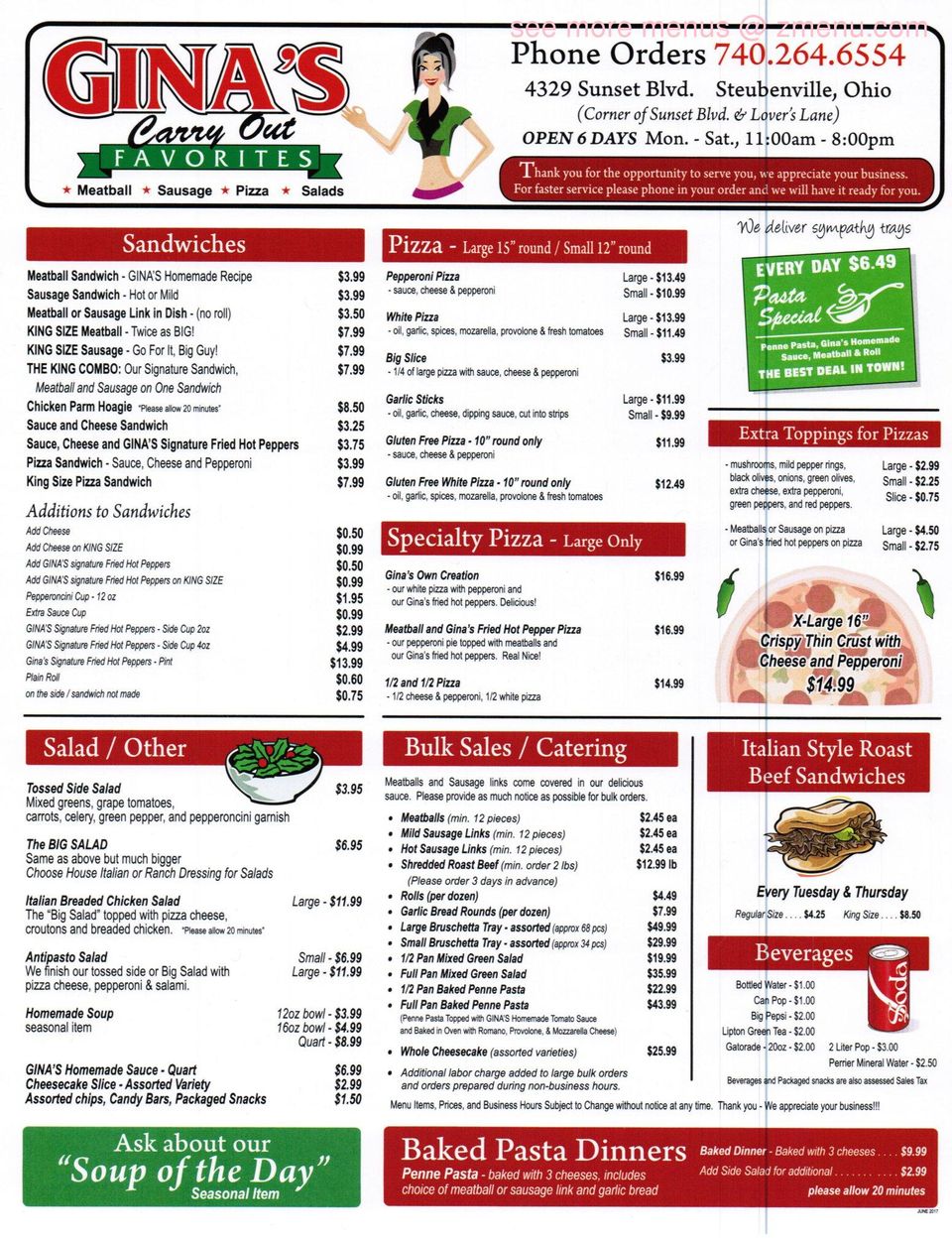 Carta del restaurante Gina's Carry Out Favorites, Steubenville
