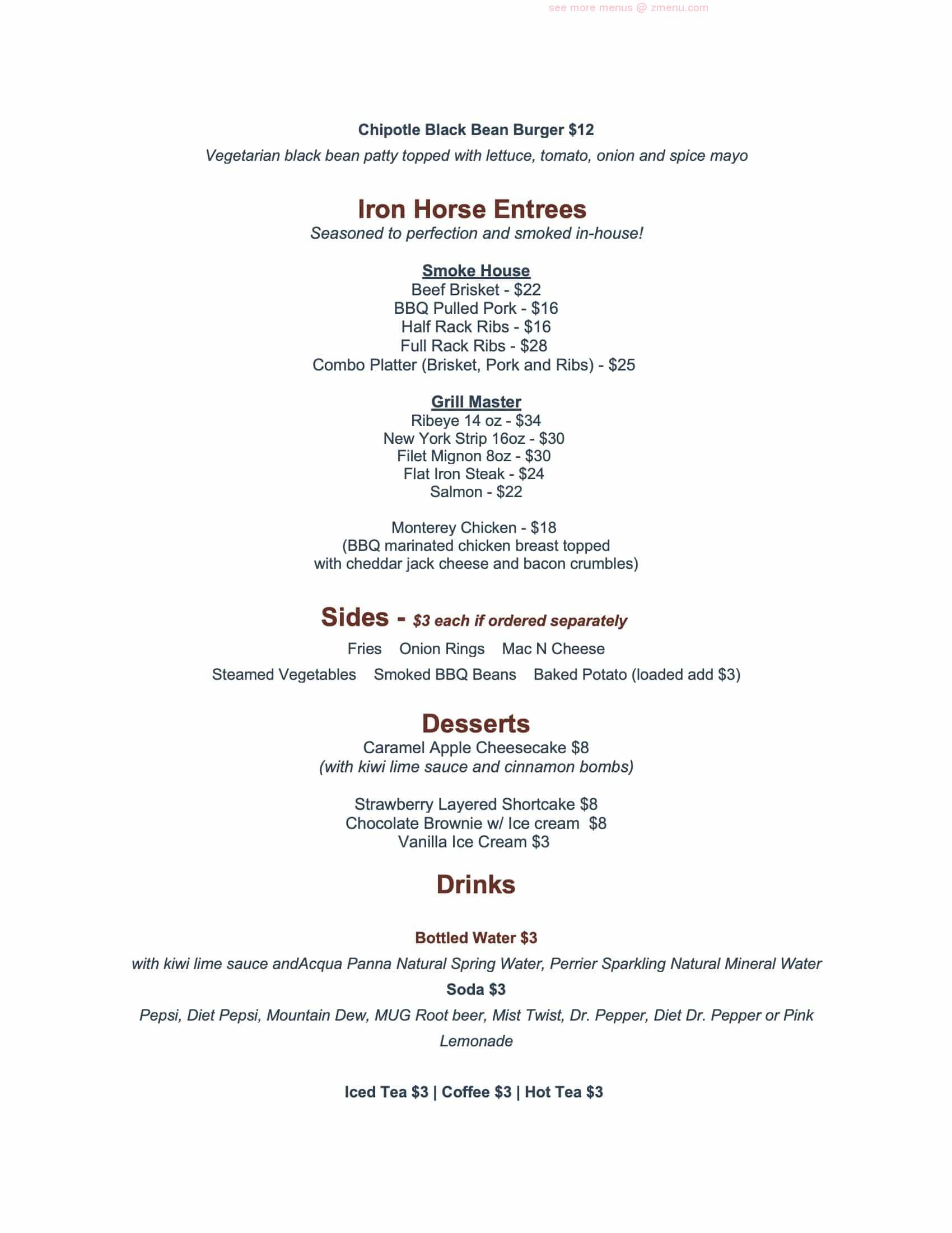 Online Menu of Iron Horse Restaurant and Saloon Restaurant, Kanab, Utah