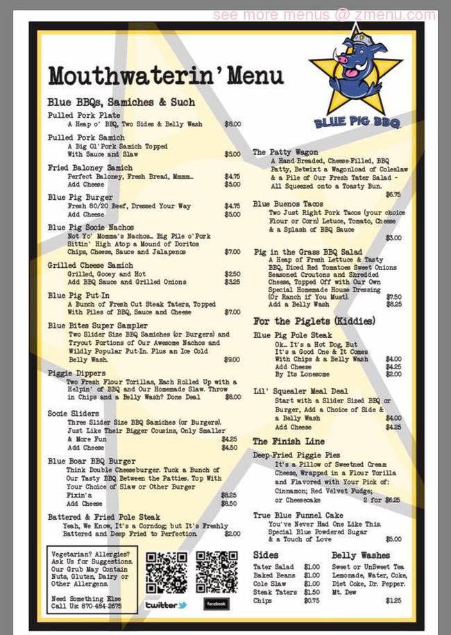 Online Menu of Blue Pig BBQ Restaurant, Pine Bluff, Arkansas, 71603 Zmenu