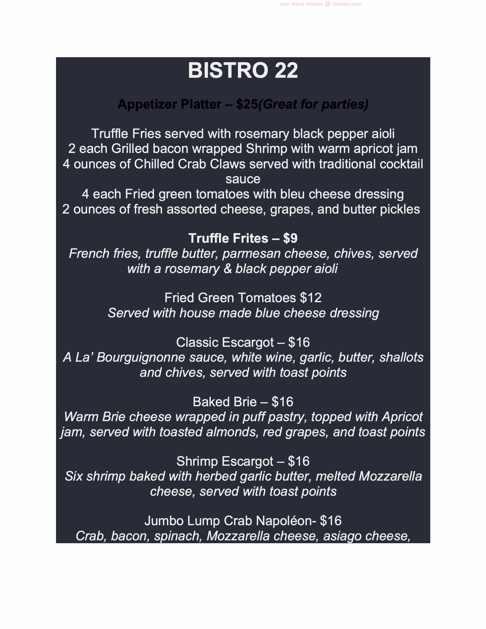 Online Menu of Bistro 22 Restaurant, Edmond, Oklahoma, 73034 Zmenu