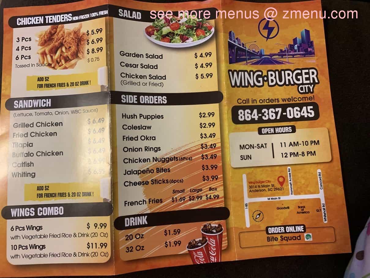 Online Menu of Wing Burger City Restaurant, Anderson, South Carolina