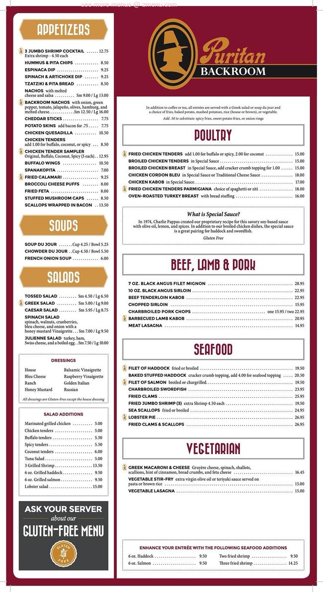 Online Menu of Puritan Backroom Restaurant Restaurant, Manchester, New