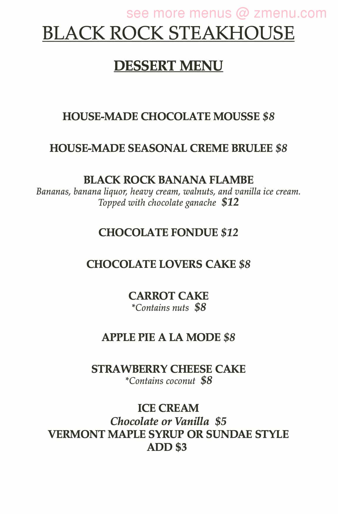 Online Menu of Black Rock Steakhouse Restaurant, Springfield, Vermont