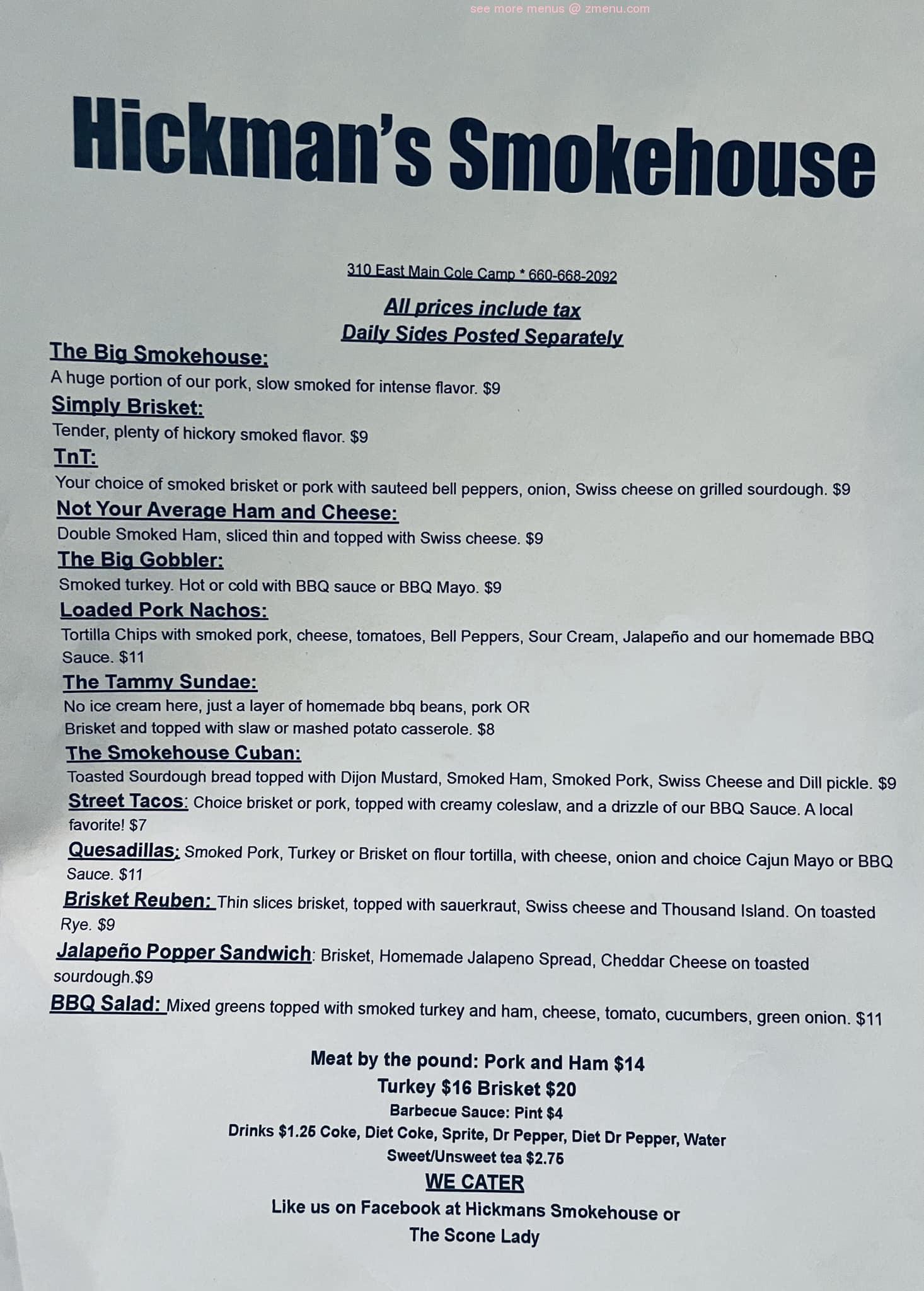 Online Menu of Hickmans Smokehouse Restaurant, Cole Camp, Missouri