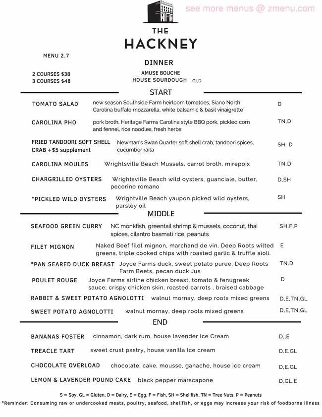 Online Menu of The Hackney Restaurant, Washington, North Carolina