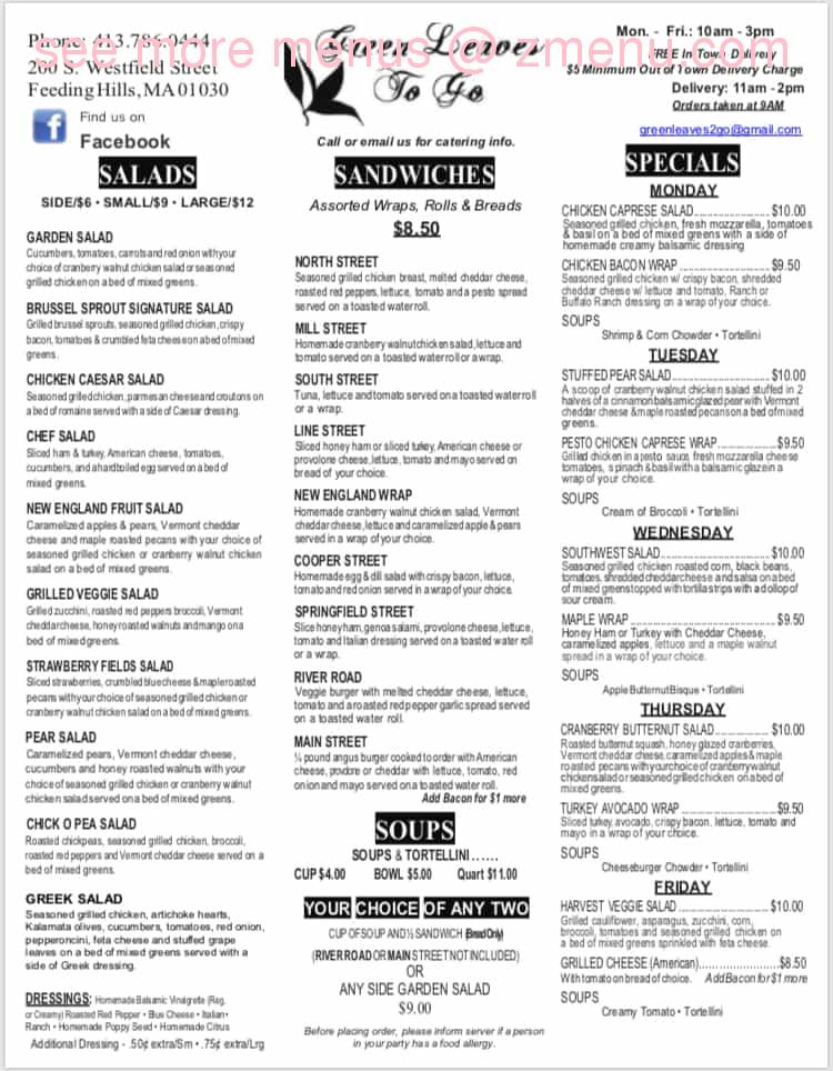 Online Menu of Green Leaves To Go Restaurant, Feeding Hills