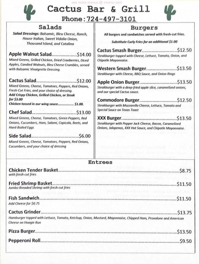 Online Menu of Cactus Bar & Grill Restaurant, Perryopolis, Pennsylvania