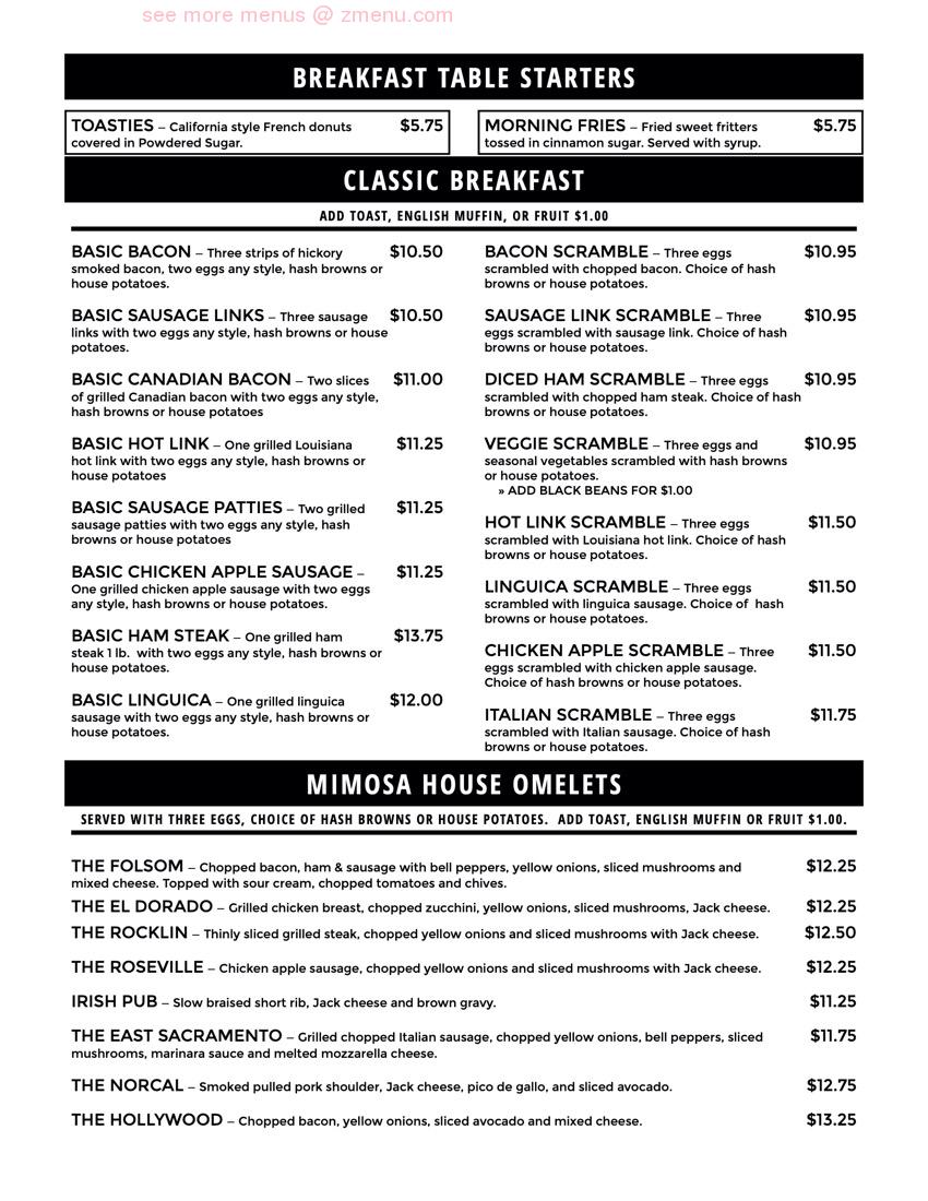 Online Menu of The Mimosa House Restaurant, El Dorado Hills, California, 95762 Zmenu