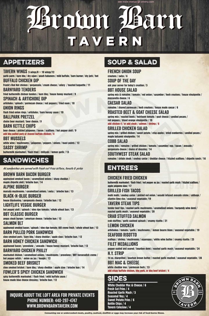 Online Menu of Brown Barn Tavern Restaurant, Chardon, Ohio, 44024 Zmenu