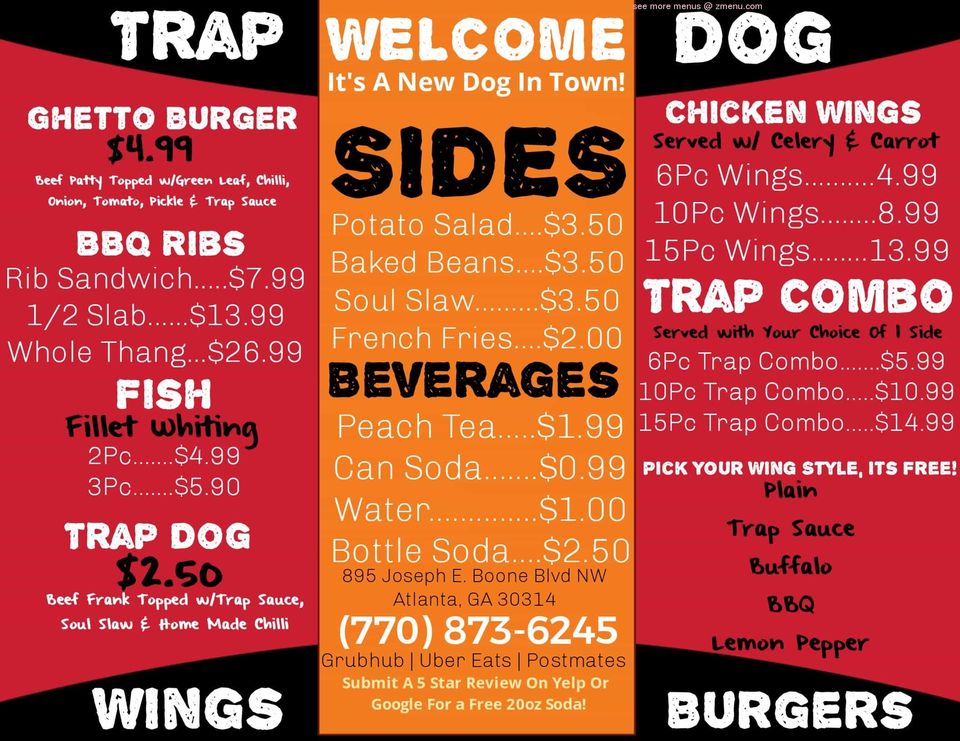 Menu at Trap Dog Wings & Burgers restaurant, Atlanta, 895 Joseph E