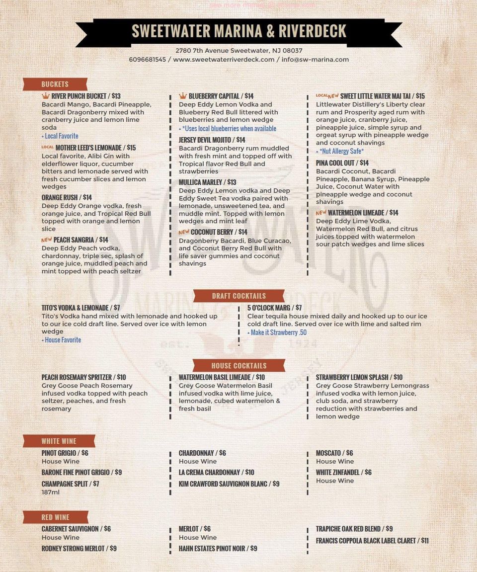 Online Menu of Sweetwater Marina and Riverdeck Restaurant, Hammonton