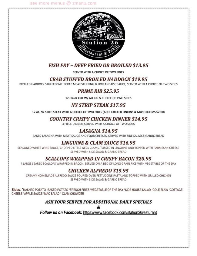 Online Menu of Station 26 Restaurant, Cohocton, New York, 14826 Zmenu