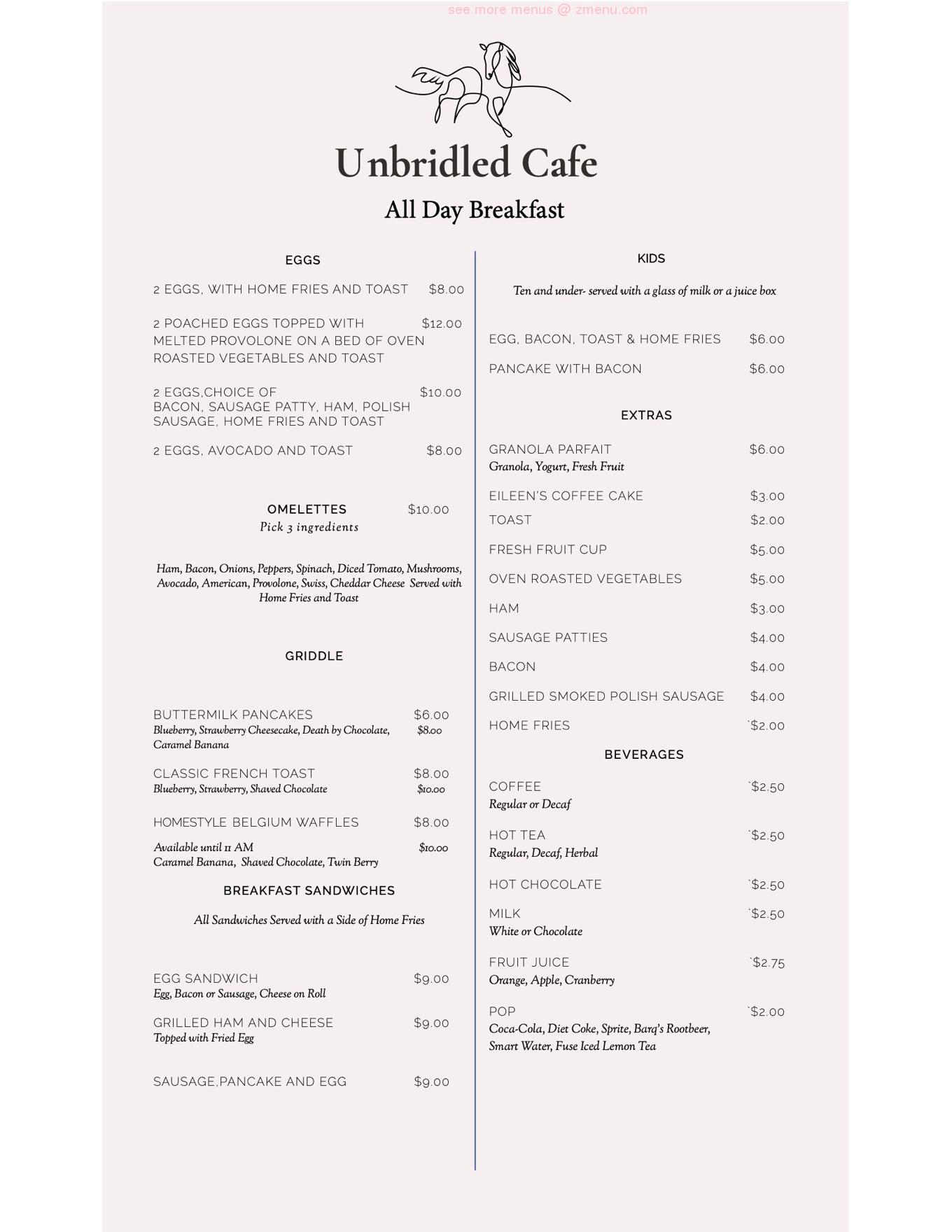 Online Menu of Unbridled Cafe Restaurant, East Amherst, New York, 14051