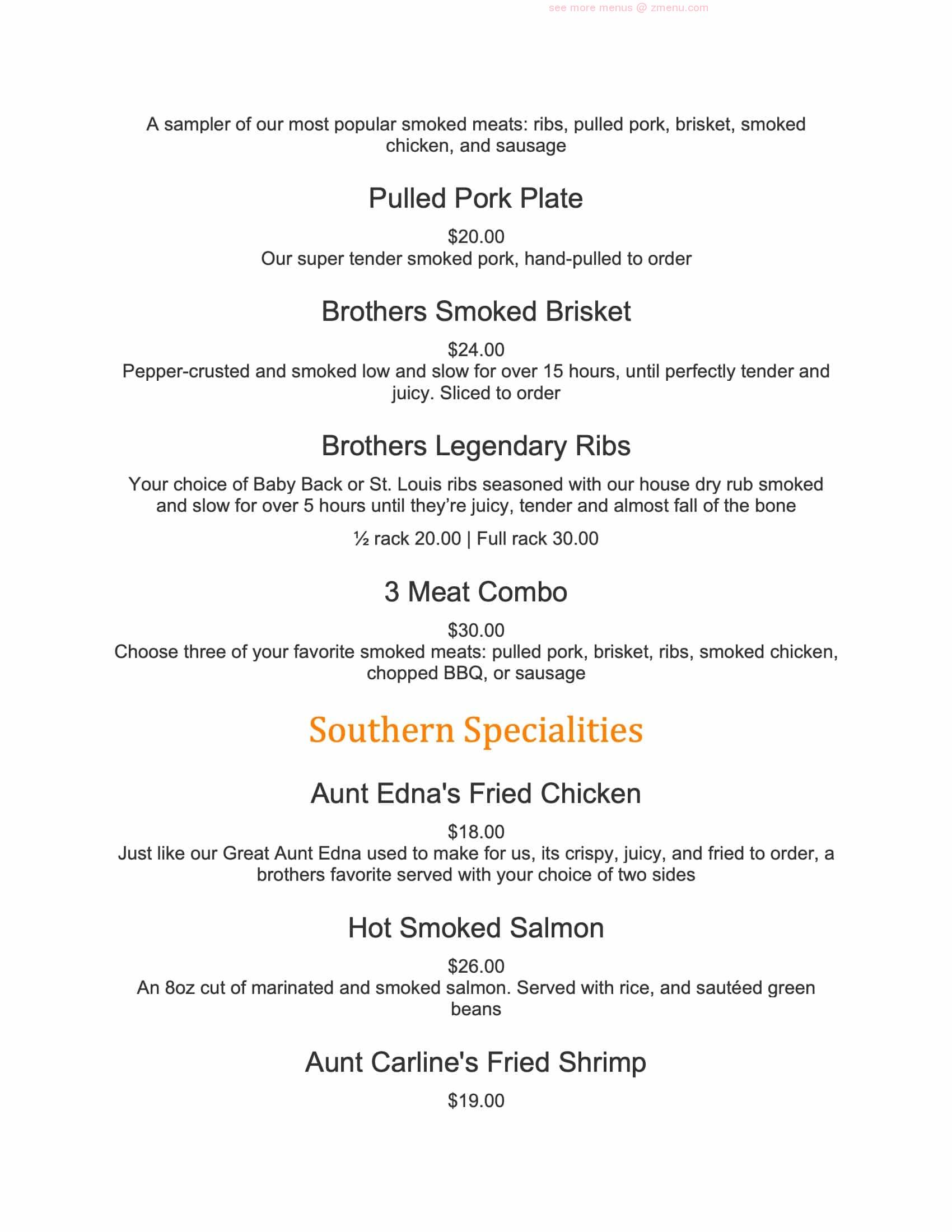 Online Menu of Brothers Smokehouse BBQ & Soul Restaurant, Ramsey, New Jersey, 07446 Zmenu