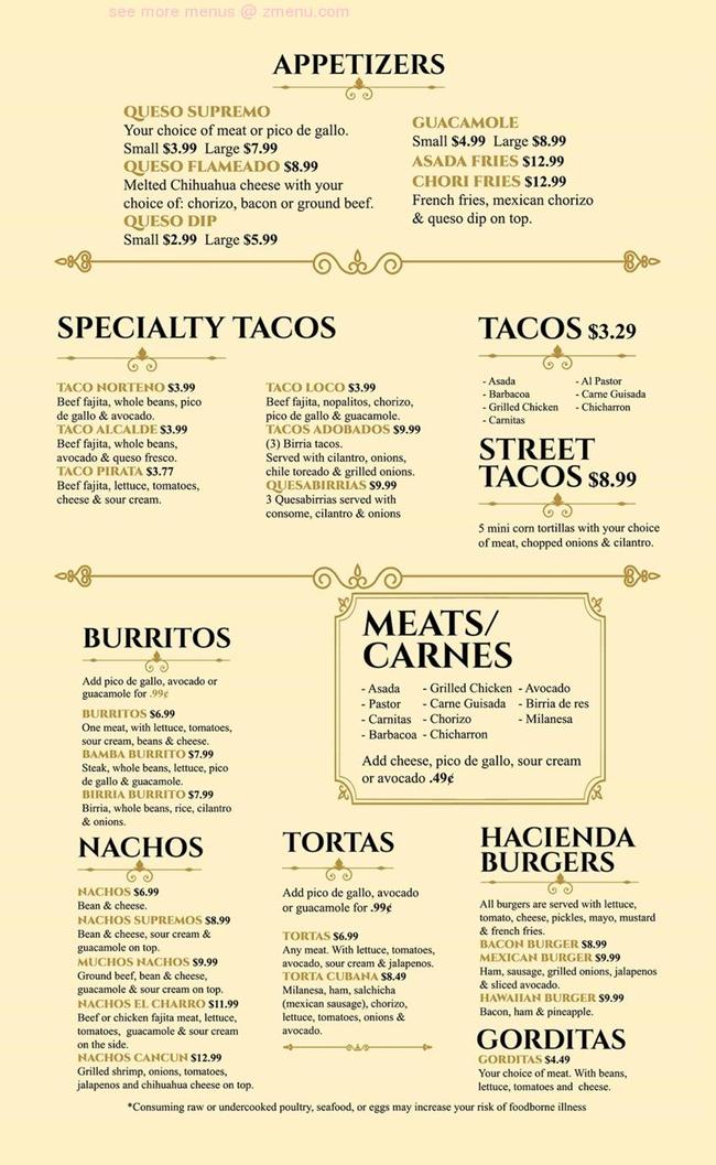 Online Menu of Hacienda El Charro Restaurant, Texas, 78611 Zmenu