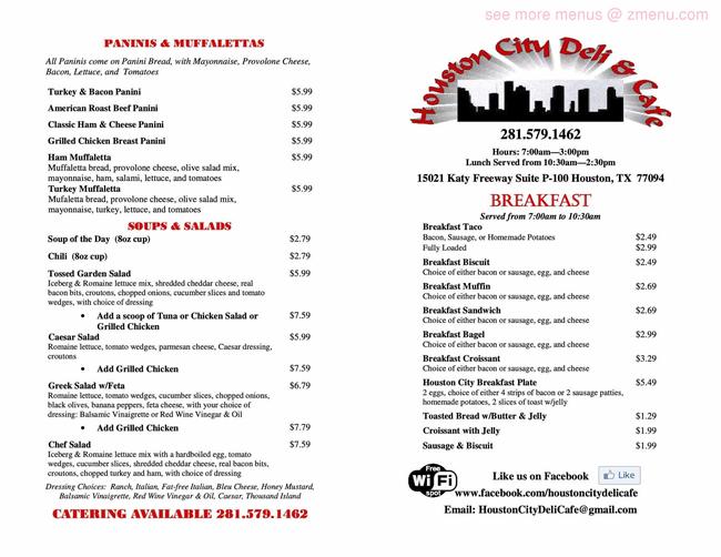 Online Menu of Houston City Deli & Cafe Restaurant, Houston, Texas