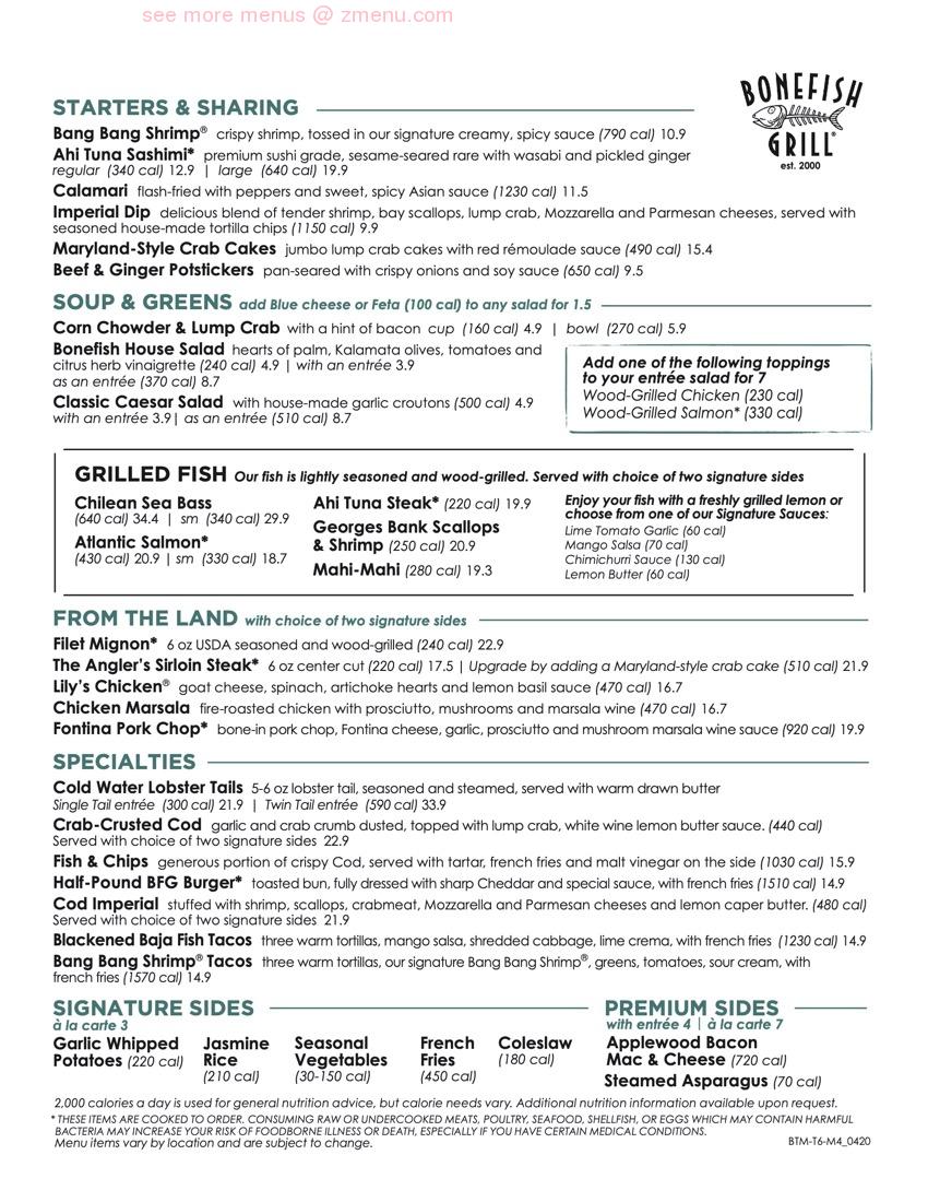 Online Menu of Bonefish Grill Restaurant, Belleair Bluffs, Florida