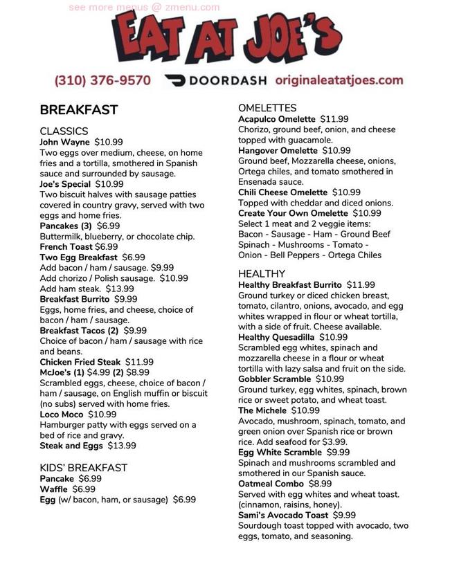 Online Menu of Eat At Joes Restaurant, Redondo Beach, California, 90277