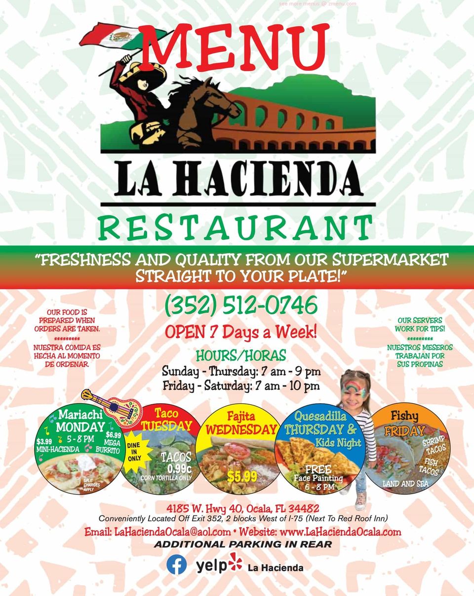 Online Menu of La Hacienda Restaurant, Ocala, Florida, 34482 Zmenu