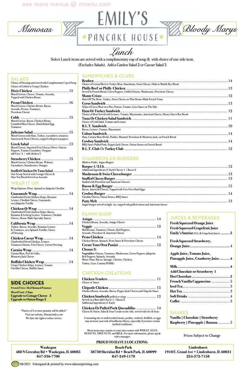 Online Menu of Emilys Pancake House Restaurant, Lindenhurst, Illinois