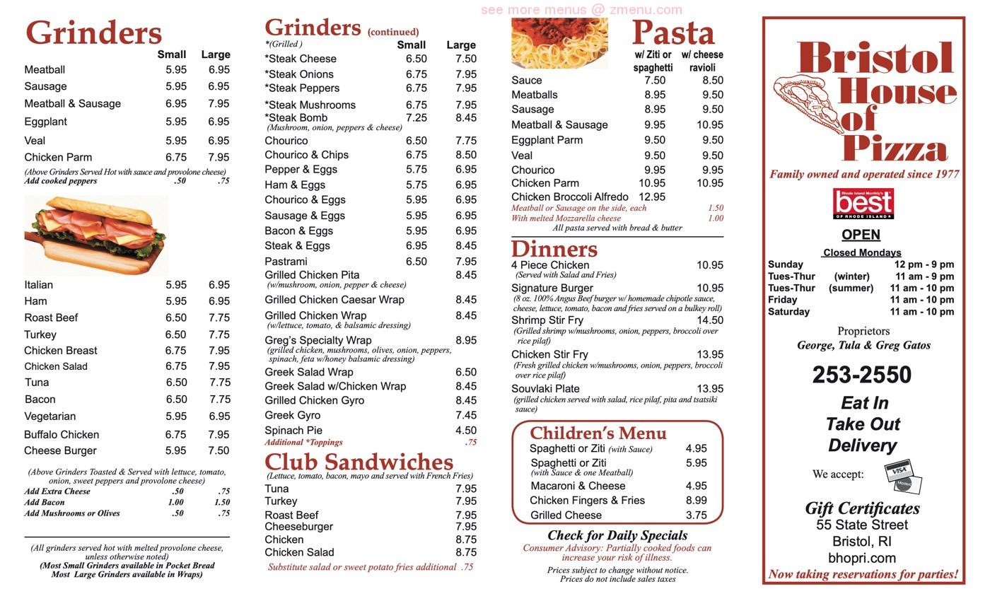 Online Menu of Bristol House of Pizza Restaurant, Bristol, Rhode Island