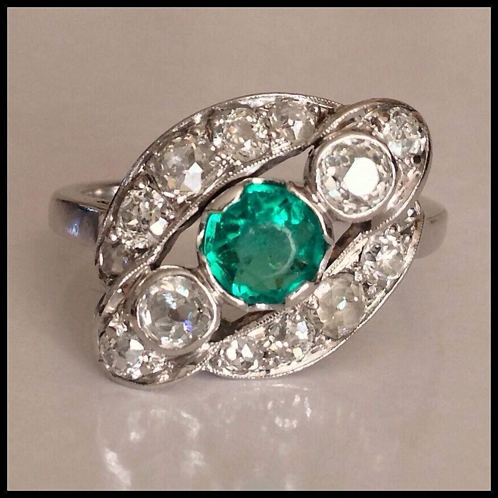 Art Deco Platinum Diamond Emerald Ring from