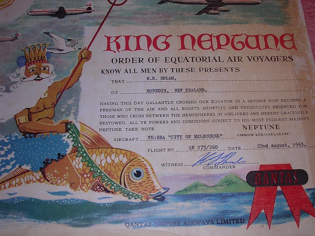 QANTAS 'King Neptune' Equator Certificate 1963 from molotov on Ruby Lane