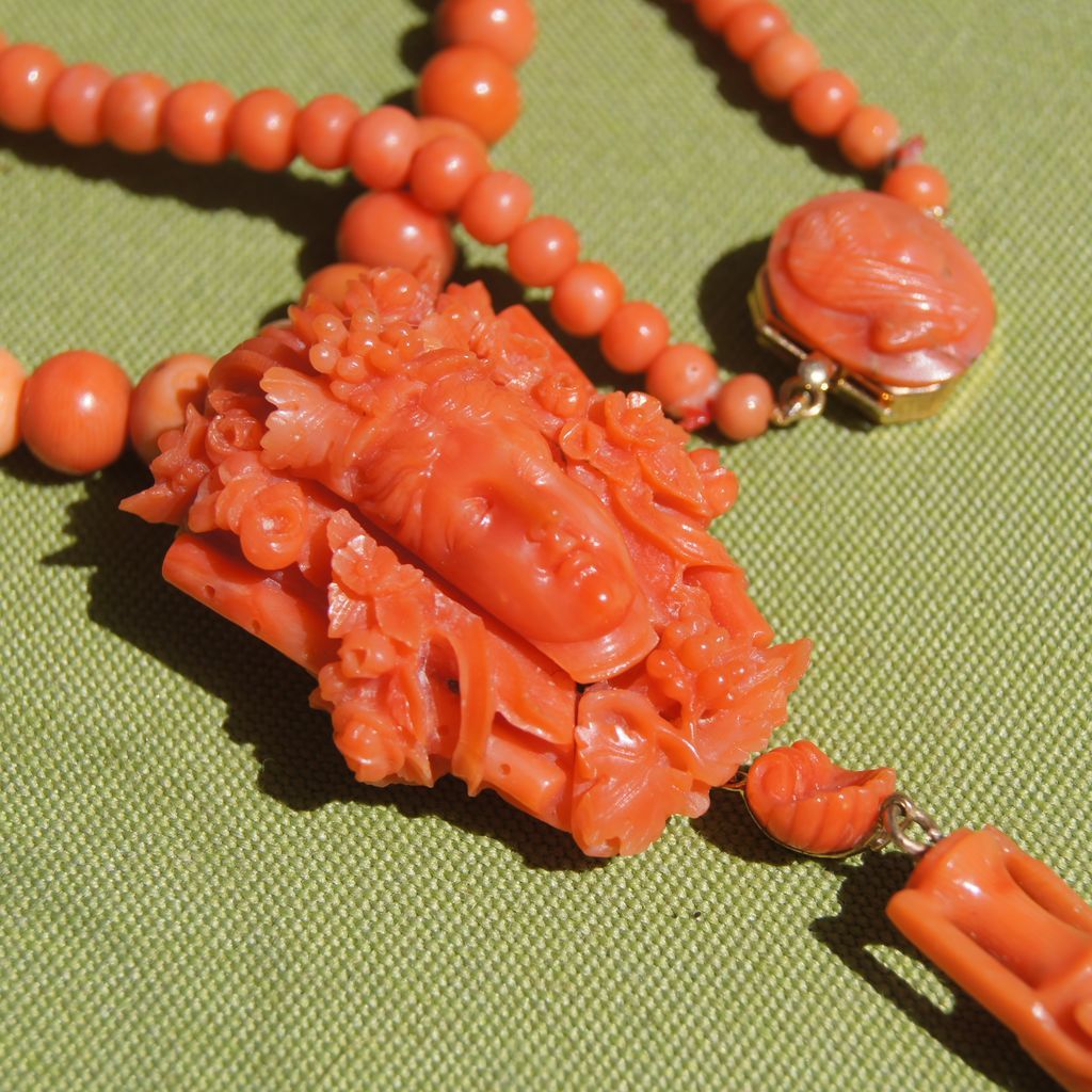 Antique Coral Bacchus Pendant Necklace With Coral Drop & Carved Coral
