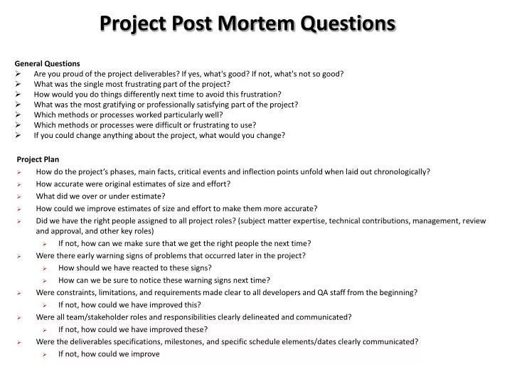 PPT Project Post Mortem Questions PowerPoint Presentation ID1569211