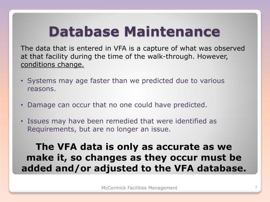 PPT Database Maintenance and VFA PowerPoint Presentation, free