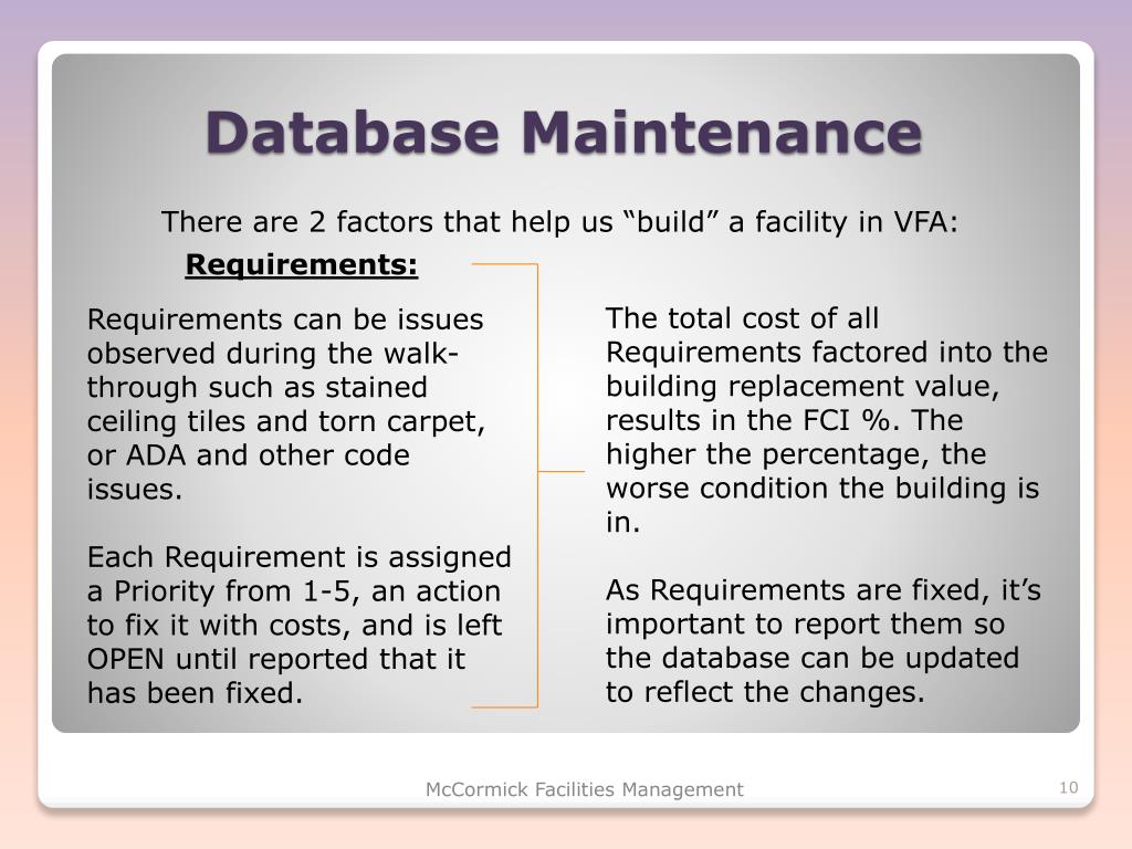 PPT Database Maintenance and VFA PowerPoint Presentation, free