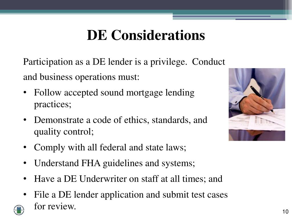 PPT On Behalf of HUD & FHA DE Lender & DE Underwriter Roles and