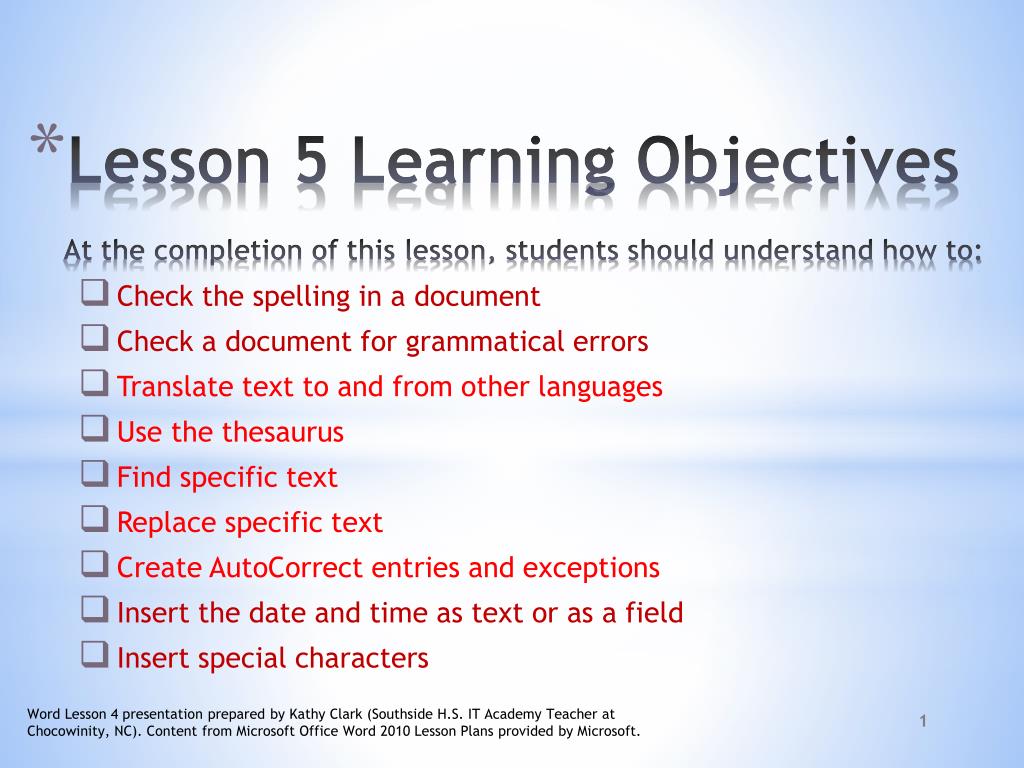 PPT Lesson 5 Learning Objectives At the completion of this lesson