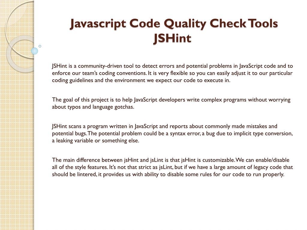 PPT Javascript Code Quality Check Tools PowerPoint Presentation, free