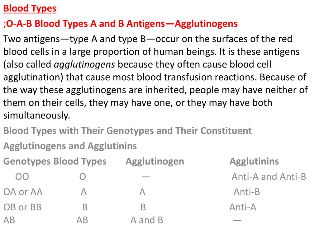 PPT Blood Types ; OAB Blood Types A and B Antigens— Agglutinogens