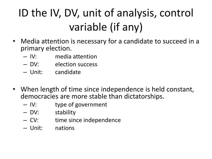 PPT ID the IV, DV, unit of analysis, control variable (if any