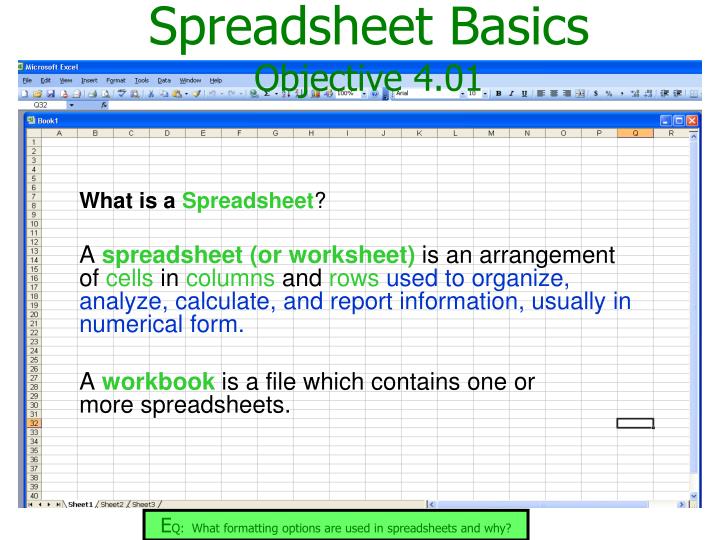 PPT E Q What formatting options are used in spreadsheets and why