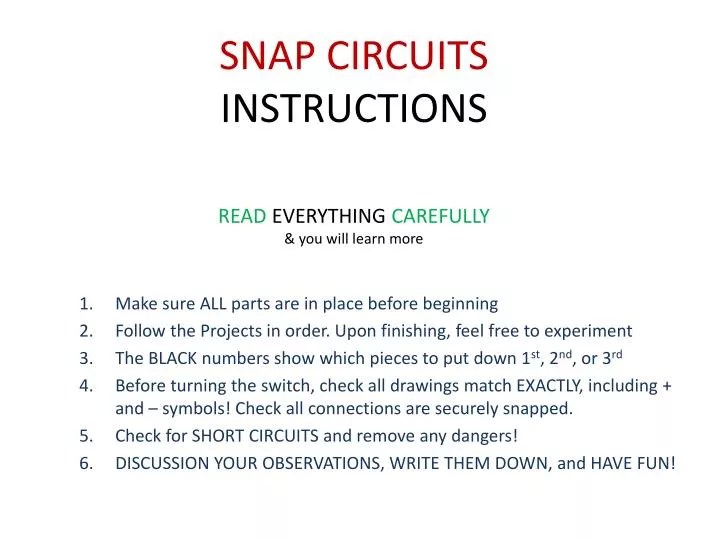PPT - SNAP CIRCUITS INSTRUCTIONS PowerPoint Presentation, free download