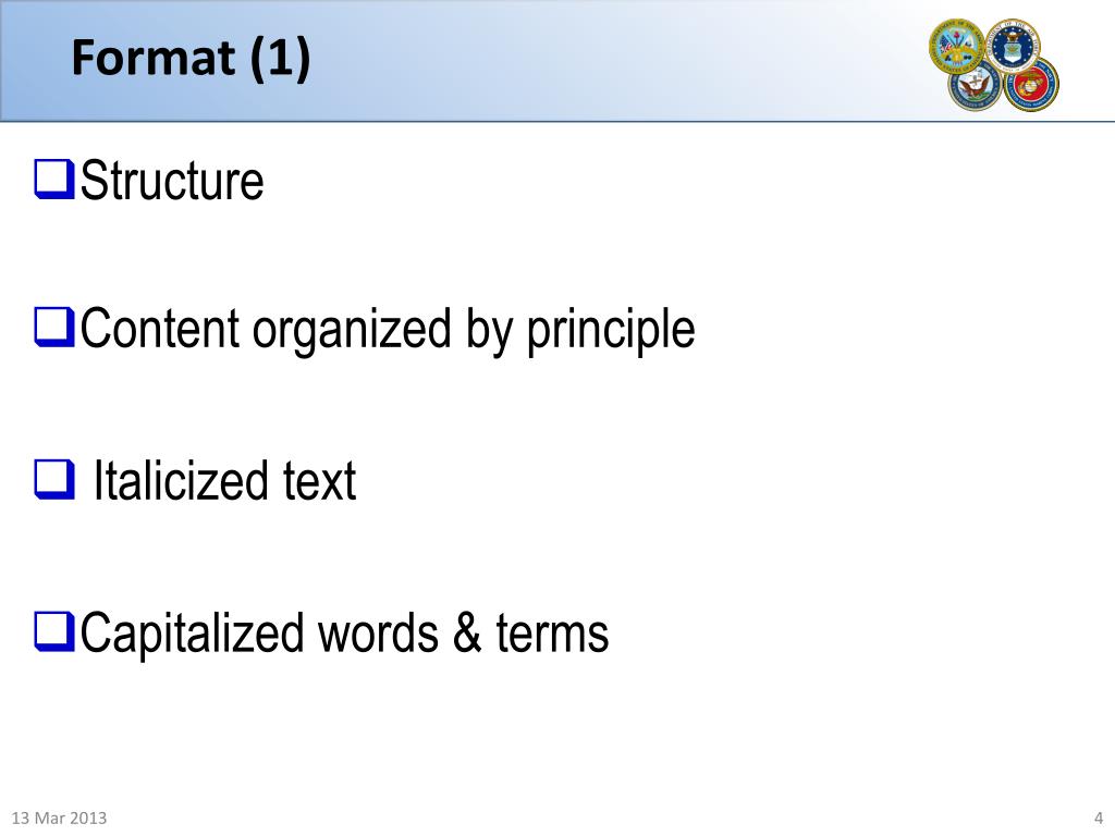 PPT Brief on new Triservice Food Code (TSFC) P5010, Chpt 1