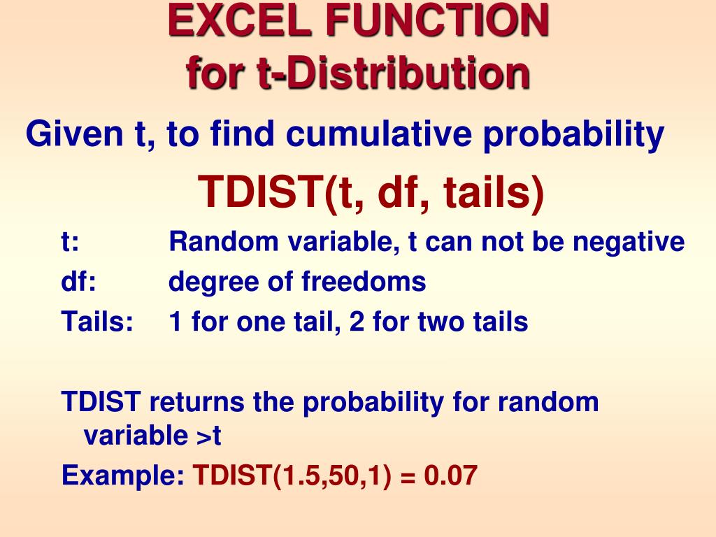 PPT EXCEL FUNCTION T Distribution PowerPoint Presentation, free