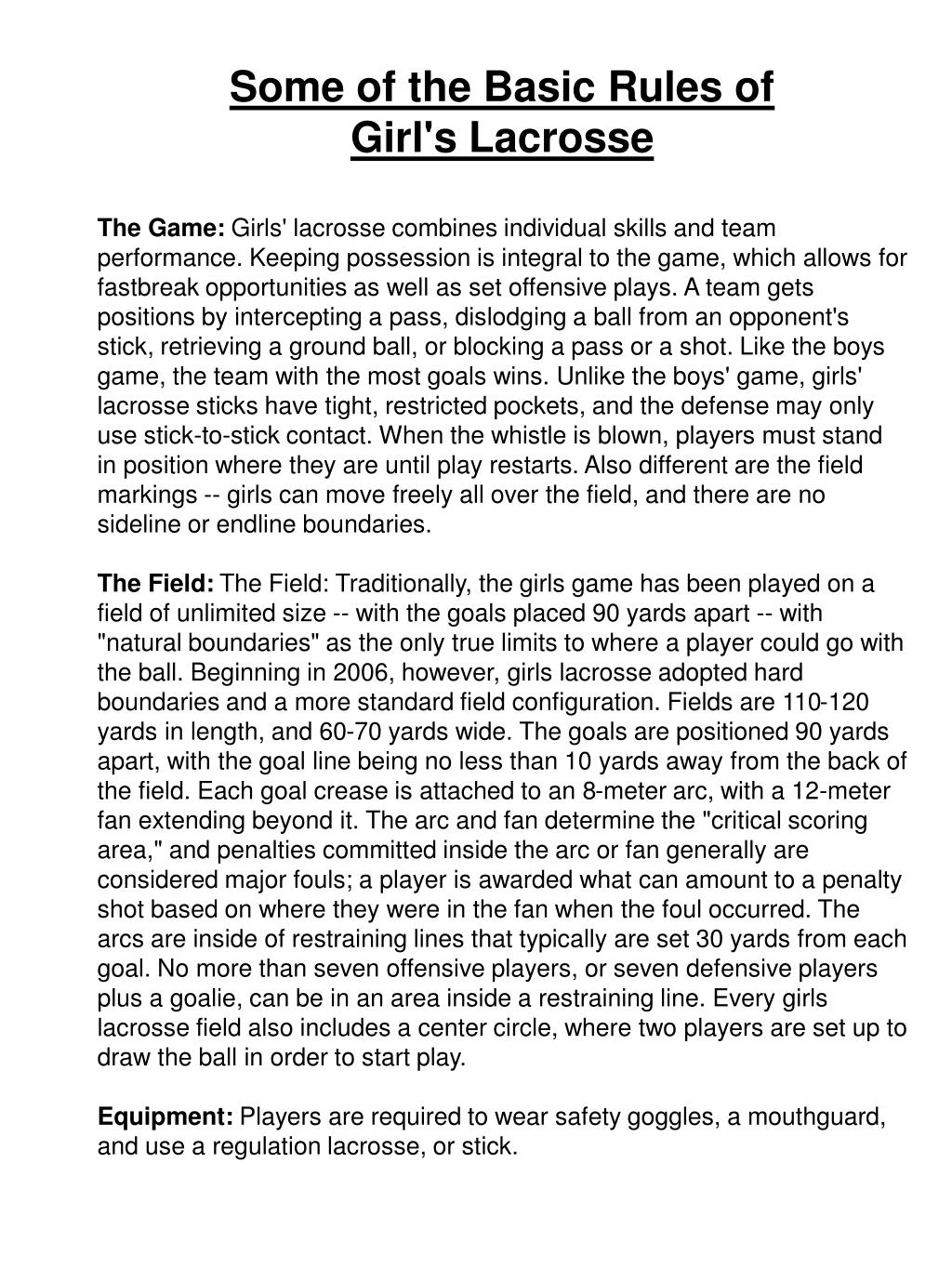 PPT Some of the Basic Rules of Girl's Lacrosse PowerPoint