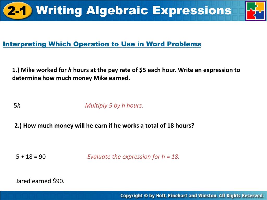 PPT - Write an algebraic expression for each word phrase. PowerPoint