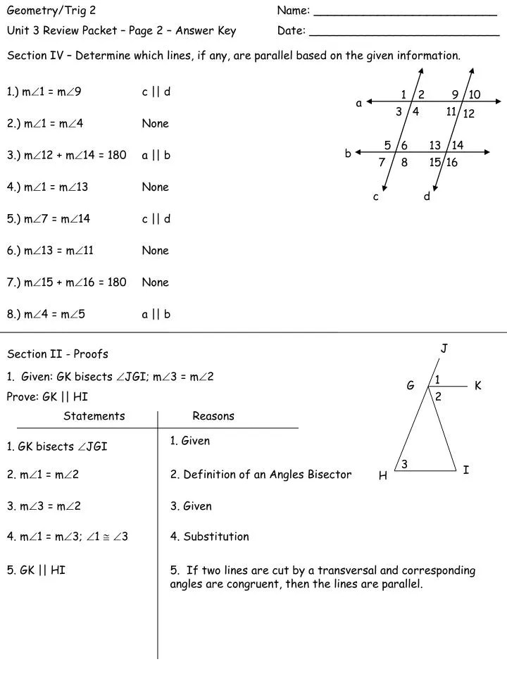 Unit 3 test parallel and perpendicular lines answer key