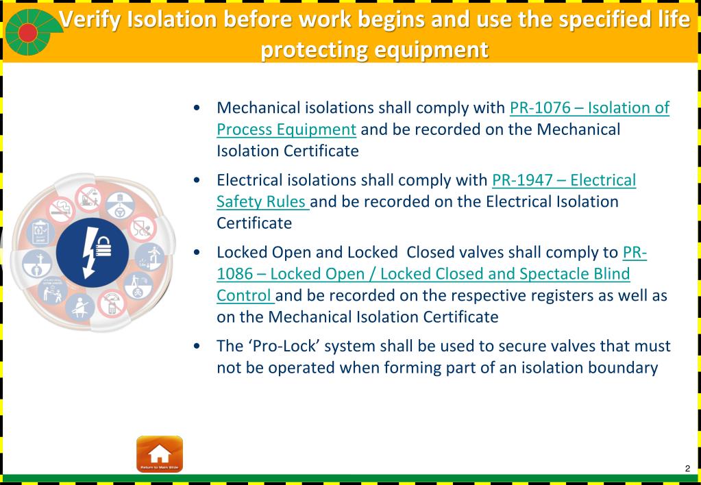 PPT Verify Isolation before work begins and use the specified life protecting equipment
