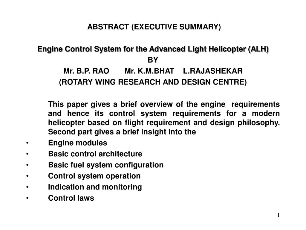 PPT ABSTRACT (EXECUTIVE SUMMARY) Engine Control System for the