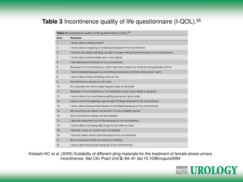 PPT Table 3 Incontinence quality of life questionnaire (IQOL). 56