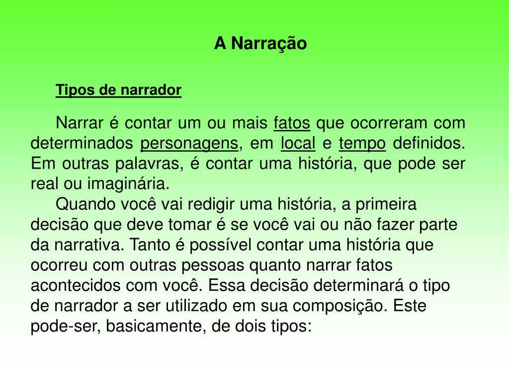 PPT A Narração Tipos de narrador PowerPoint Presentation