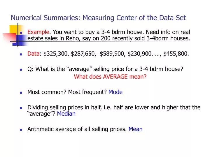 PPT Numerical Summaries Measuring Center of the Data Set PowerPoint